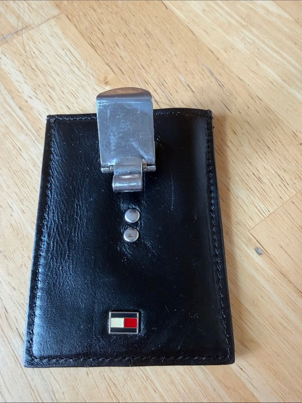 Tommy Hilfiger Black Leather Money Clip Card Holder with Flag Accent